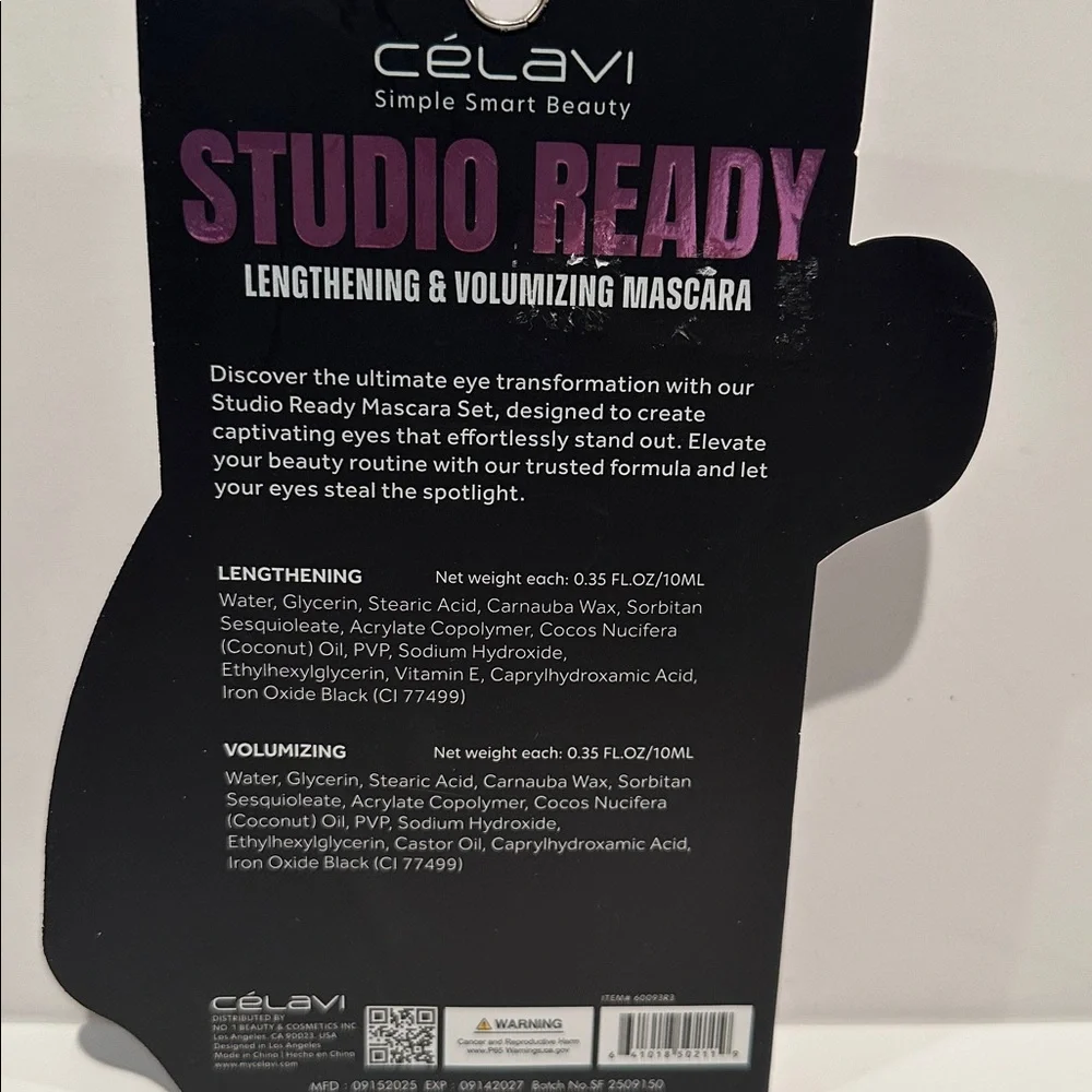Celavi Onyx Black Studio Ready Lengthening & Volumizing Mascaras.